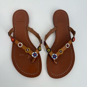 Tory Burch Marguerite Terra Leather Thongs Flip Flop Sandals Caramel Flo…